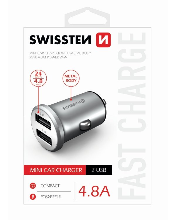 Swissten Metal Премиум Автомобильная зарядка 2 x USB / 4.8A Серебряная