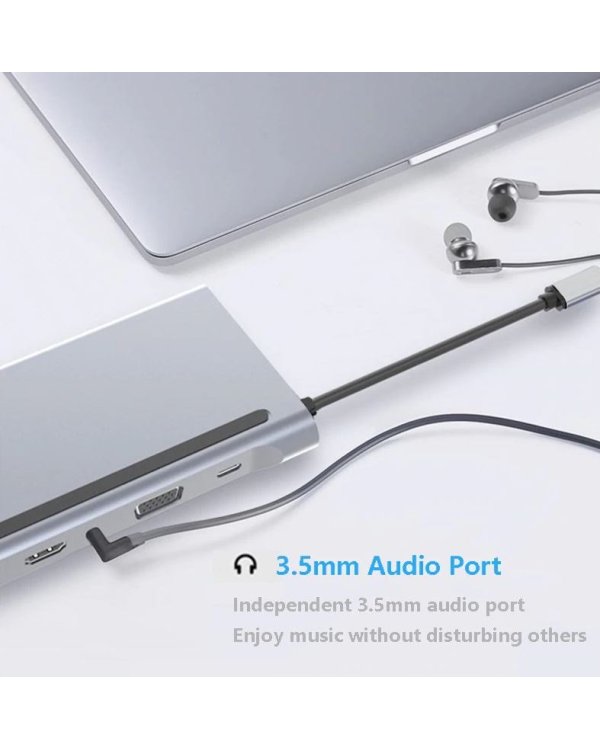 Mocco 12in1 Док станция для портативного компьютера / 2 x HDMI / 1 x USB 3.0 / USB-C / RJ45 / SD / Micro SD / VGA / PD / Audio / Серый
