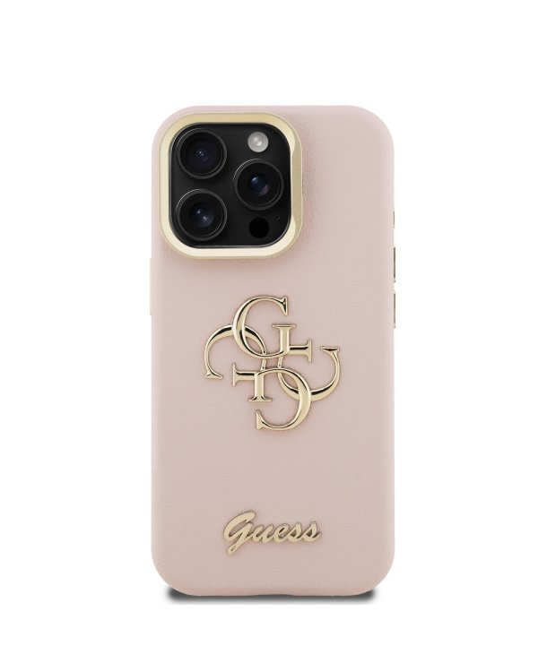 Guess PU Grained 4G Logo Stand Camera Frame Case Защитный чехол для iPhone 15 Pro / розовый