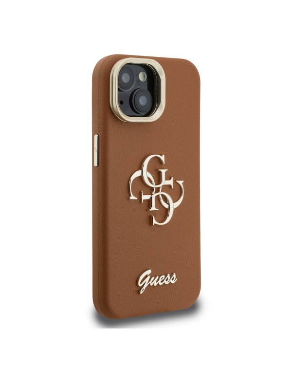 Guess PU Grained 4G Logo Stand Camera Frame Case Защитный чехол для iPhone 15 / коричневый