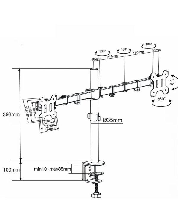 Nedis MMDOS110BK Galda monitora stiprinājums ar pilnu kustību 15–32" / 8kg / VESA 75x75 / 100x100