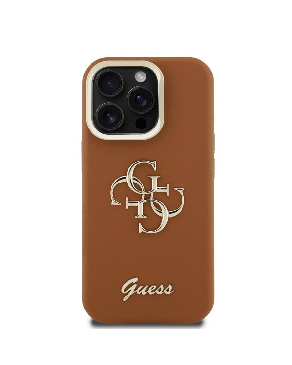 Guess PU Grained 4G Logo Stand Camera Frame Case Защитный чехол для iPhone 15 Pro / коричневый