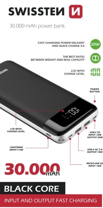 Swissten Black Core Premium Recovery Power Bank / USB / USB-C / 30000 mAh