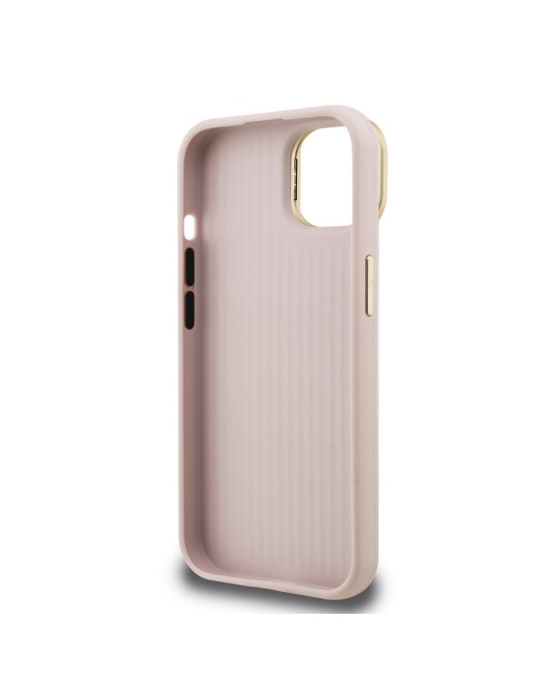 Guess PU Grained 4G Logo Stand Camera Frame Case Защитный чехол для iPhone 15 / розовый
