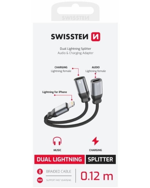 Swissten Textile Lightning Audio Charging Адаптер 2x Lightning 0.12m