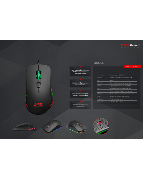 Дополнительное изображение книги «Mars Gaming MCPPRO Combo 3in1 Spēļu pele ar austiņām un paliktni RGB / 9800 DPI / USB 7.1 / 780x300mm»