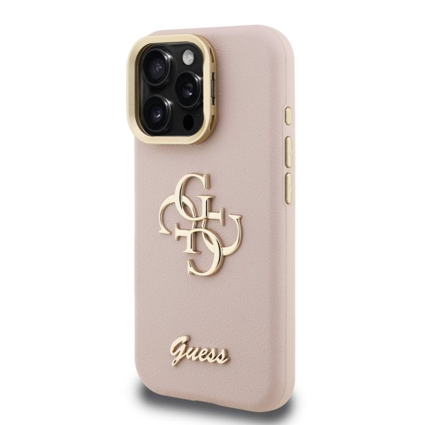 Guess PU Grained 4G Logo Stand Camera Frame Case Защитный чехол для iPhone 15 Pro / розовый