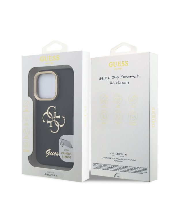 Guess PU Grained 4G Logo Stand Camera Frame Case Защитный чехол для iPhone 15 Pro / чёрный