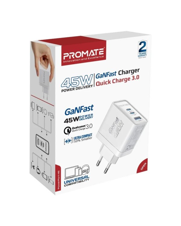 Promate PowerPort-45 GaNFast™ Зарядное устройство 45W / QC3.0 / PD45W