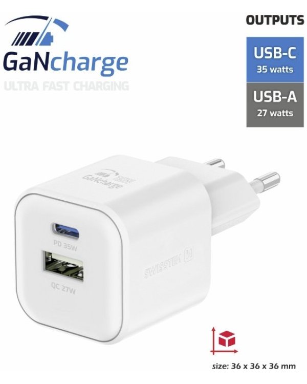 Swissten 3арядное устройство GaN USB-C 35W PD / USB-A 27W QC
