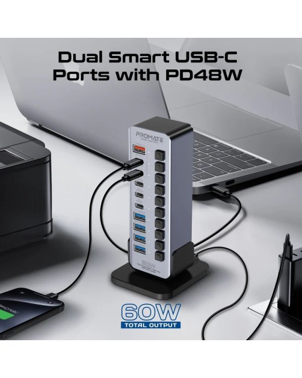 PROMATE GegaTower-60W Multiport Tower Hub 14-in-1 60W / QC3.0 / PD48W / USB 3.1 5Gbps