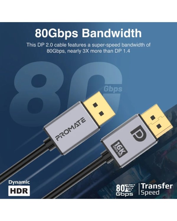 Дополнительное изображение книги «Promate DPLink-16K DisplayPort 2.0 UHD Cable 16K@60Hz / 80Gbps / 2m»