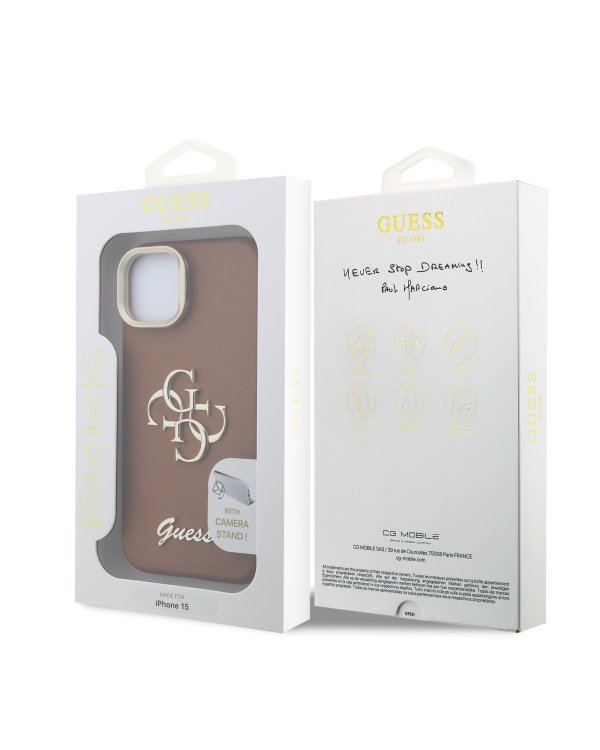 Guess PU Grained 4G Logo Stand Camera Frame Case Защитный чехол для iPhone 15 / коричневый