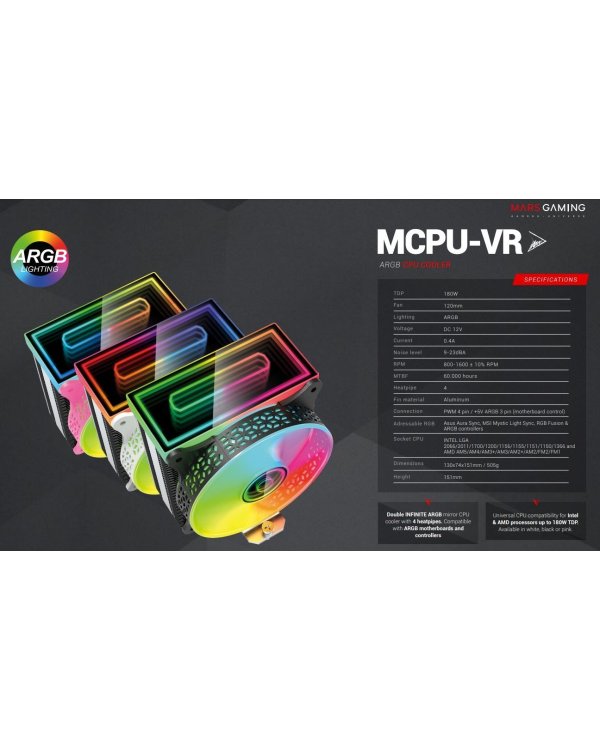 Mars Gaming MCPU-VR CPU Cooler Dual Infinity Mirror ARGB 180W 120mm Кулер для процессора