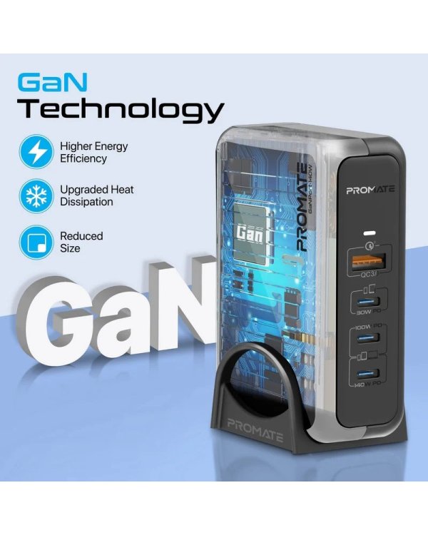 Promate GaNPort-140W GaNFast™ Зарядная станция 140W / USB-C PD 3.1 / QC3.0