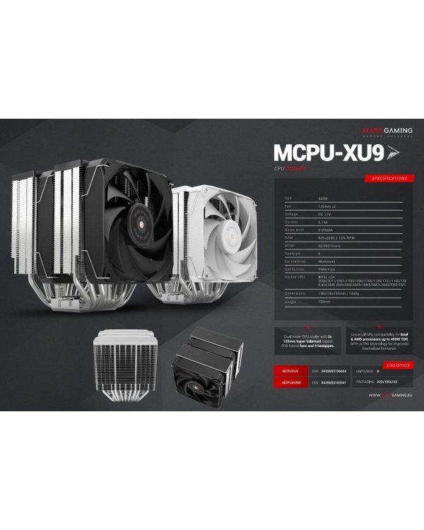 Дополнительное изображение книги «Mars Gaming MCPUXU9W Охлаждение для процессора 400W TDP / 2x 120mm»