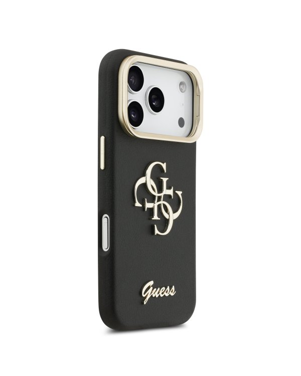 Guess PU Grained 4G Logo Stand Camera Frame Case Защитный чехол для iPhone 17 Pro / чёрный