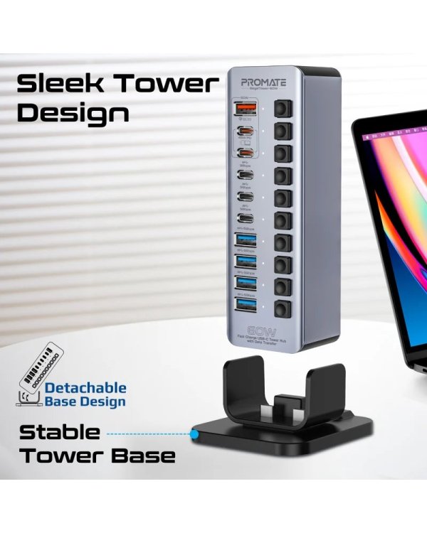 PROMATE GegaTower-60W Multiport Tower Hub 14-in-1 60W / QC3.0 / PD48W / USB 3.1 5Gbps