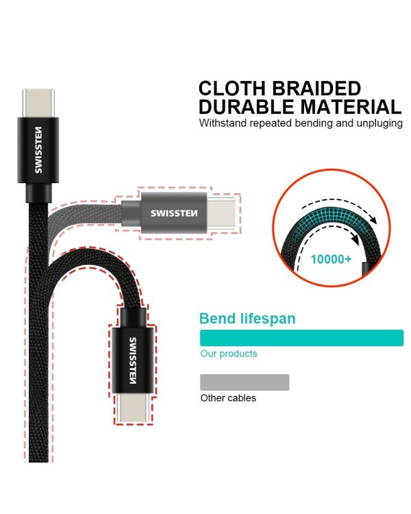 Swissten Textile Универсальный Quick Charge 3.0 USB-C - USB-C Кабель данных 1.2м