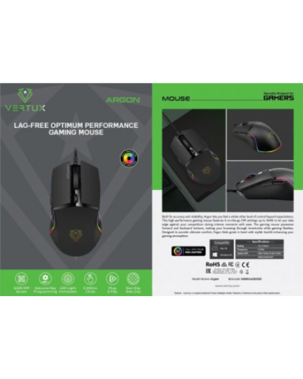 Дополнительное изображение книги «VERTUX Argon USB Игровая мышь с RGB подсветкой»