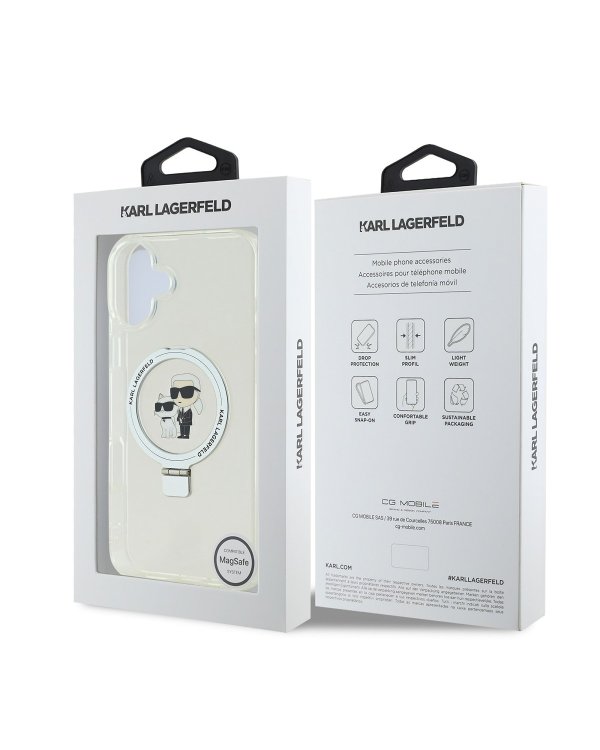 Karl Lagerfeld Ringstand Karl and Choupette MagSafe Case Защитный чехол с кольцом для iPhone 16 Plus / белый