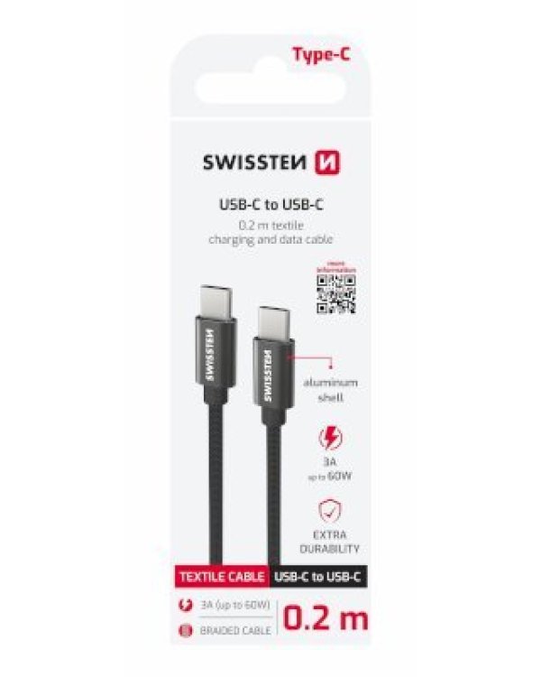 Swissten Textile Универсальный Quick Charge 3.1 USB-C / USB-C Кабель данных и зарядки 0.2m black