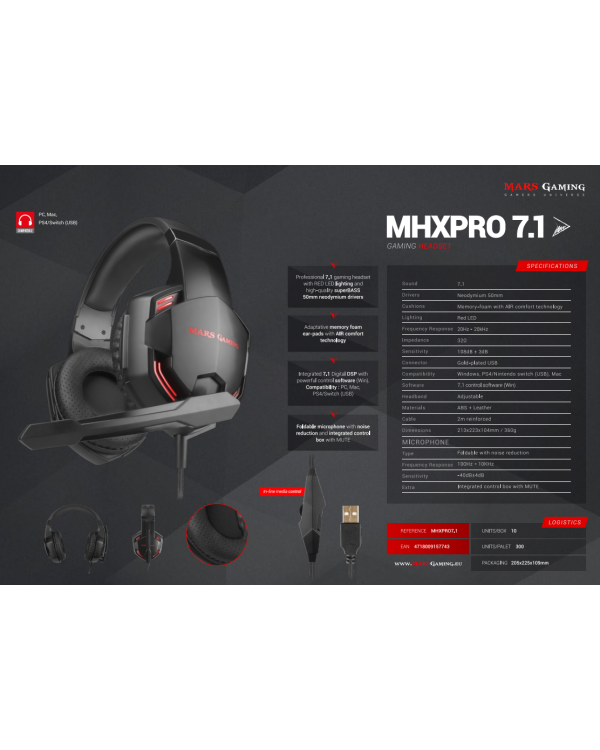 Mars Gaming MHX PRO 7.1 Игровые наушники USB / LED