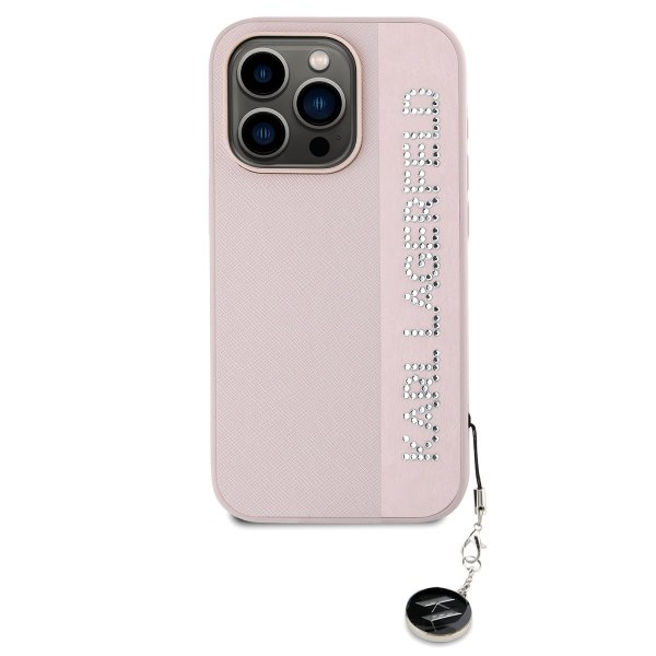 Обложка книги «Karl Lagerfeld PU Saffiano Rhinestone Charm Case Защитный чехол для iPhone 15 Pro Max / розовый»