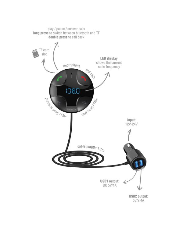 4smarts Transmiter FM Автомобильное зарядное устройство Bluetooth 5.0 / USB / Micro SD / MP3