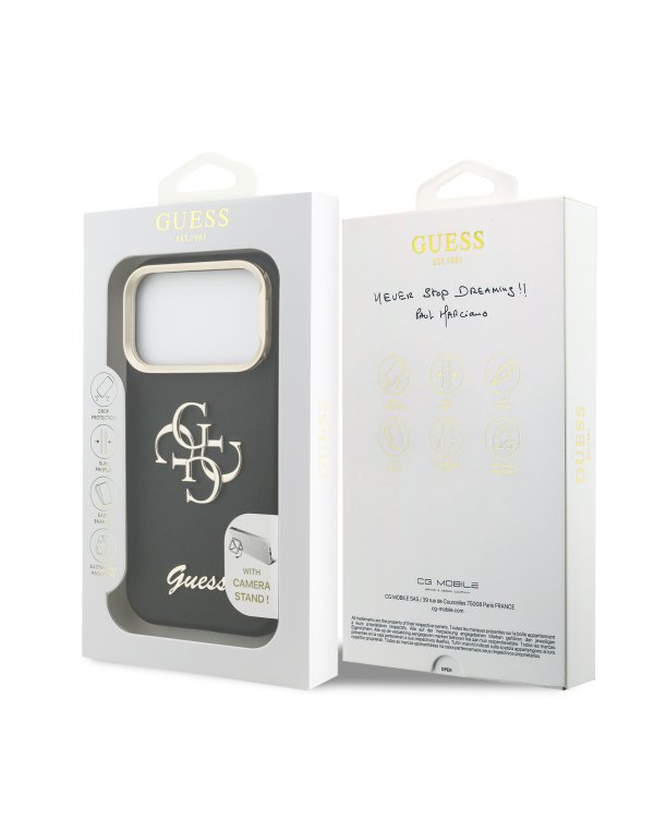 Guess PU Grained 4G Logo Stand Camera Frame Case Защитный чехол для iPhone 17 Pro / чёрный