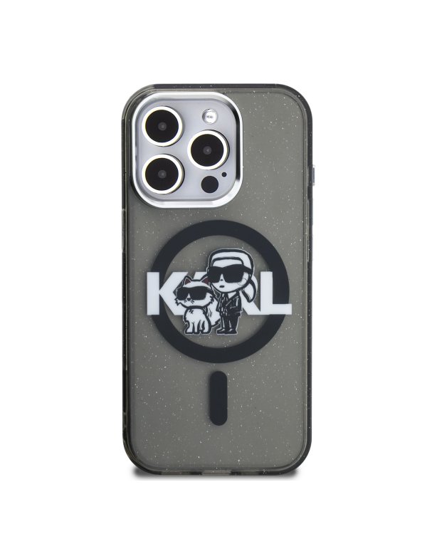 Karl Lagerfeld IML Glitter Karl and Choupette Sketch MagSafe Case Защитный чехол для iPhone 15 Pro / чёрный