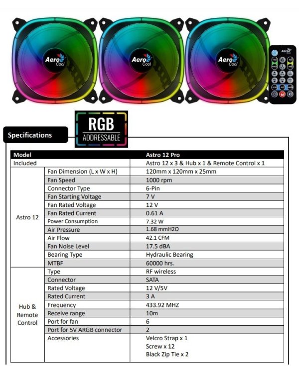Aerocool Astro 12 Pro ARGB 12cm Комплект кулеров для компьютера с дистанционным управлением