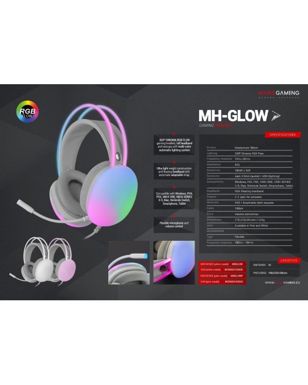Mars Gaming MH-GLOW RGB Chroma Flow Игровые наушники 3.5mm / USB