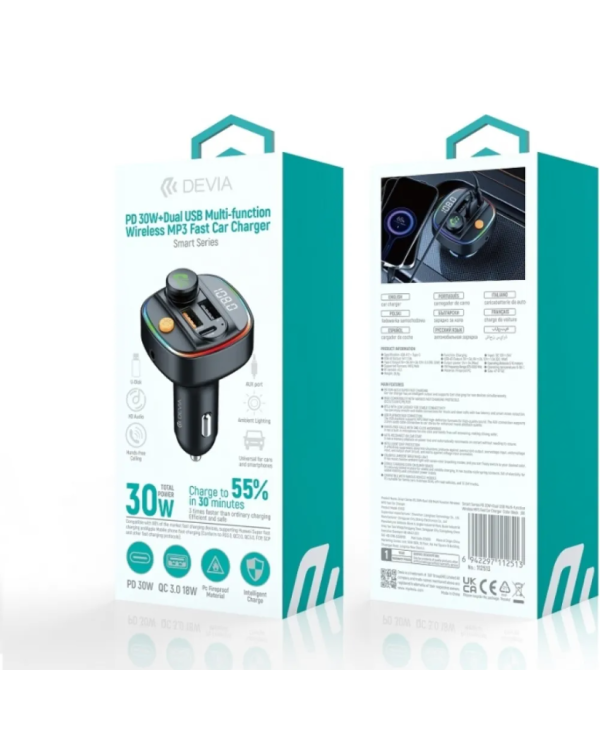Devia Smart FM Transmitter Bluetooth PD 30W 3арядное устройство
