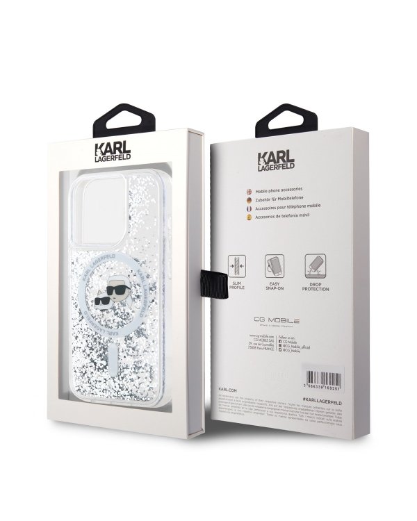 Karl Lagerfeld Liquid Glitter Karl and Choupette Heads MagSafe Защитный чехол для iPhone 15 Pro / прозрачный