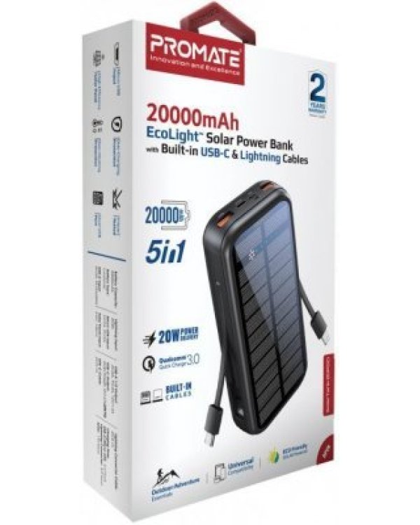 Дополнительное изображение книги «PROMATE SolarTank-20PDCi EcoLight™ Solar Переносная зарядная батарея 20000 mAh / QC3.0 / PD20W / Lightning / microUSB»