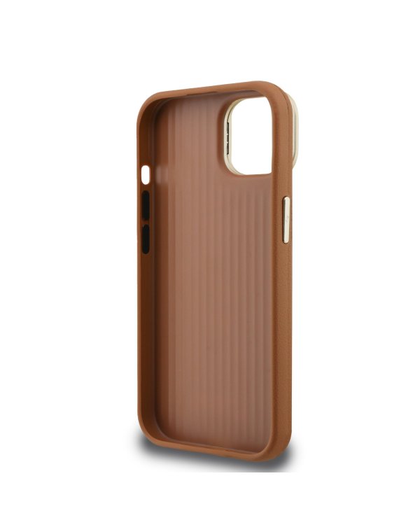 Guess PU Grained 4G Logo Stand Camera Frame Case Защитный чехол для iPhone 13 / коричневый
