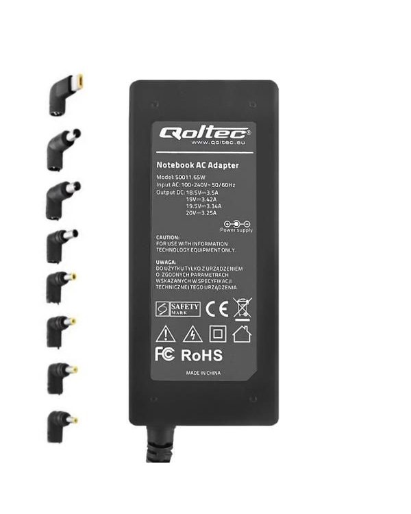 Qoltec 50011 Универсальное 65W (Max 3.5A) AC Автоматическая Сетевая зарядка c 8