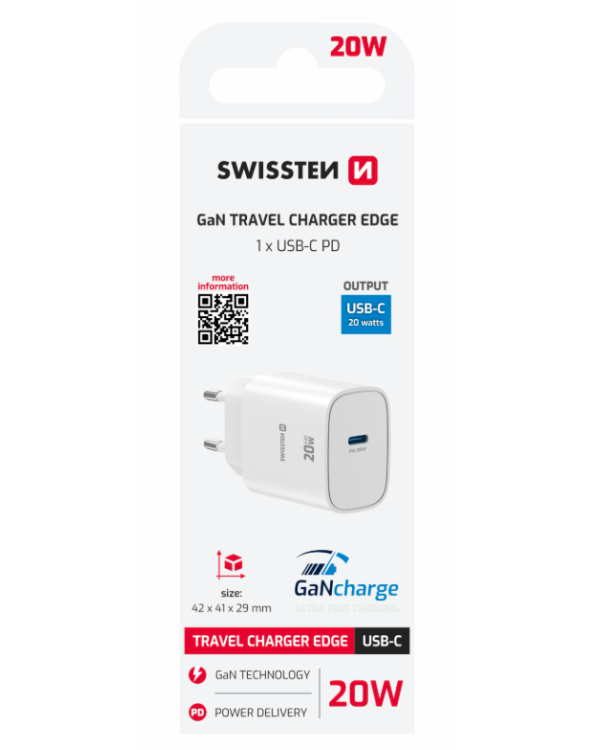 Дополнительное изображение книги «Swissten Edge Сетевое зарядное устройство USB-C GaN 20W White»
