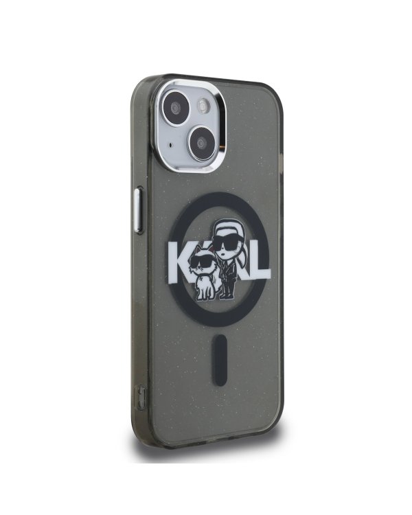 Karl Lagerfeld IML Glitter Karl and Choupette Sketch MagSafe Защитный чехол для iPhone 15 / чёрный
