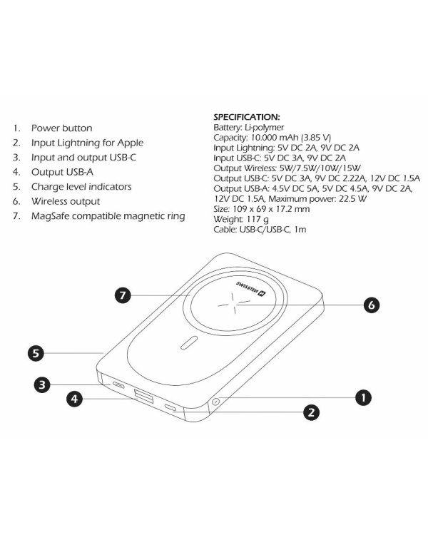 Swissten Magnetic Wireless Power Bank Переносная зарядная батарея USB / USB-C / Lightning / PD 20W / 10000 mAh
