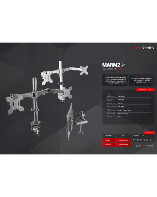 Mars Gaming MARM2W Штатив для 2x мониторов с креплением для стола