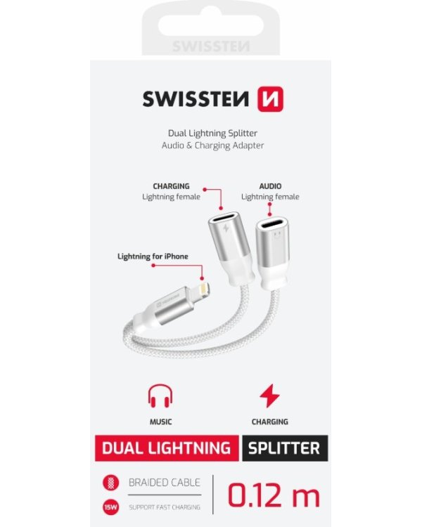 Swissten Textile Lightning Audio Charging Адаптер 2x Lightning 0.12m