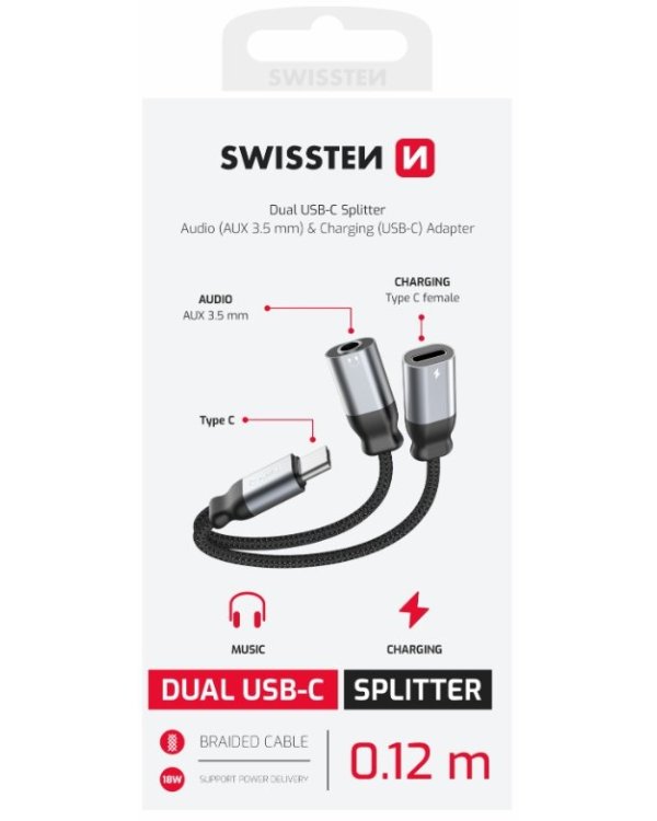 Swissten Textile USB-C / USB-C / Aux 3.5mm Charging Audio Адаптер 0.12m