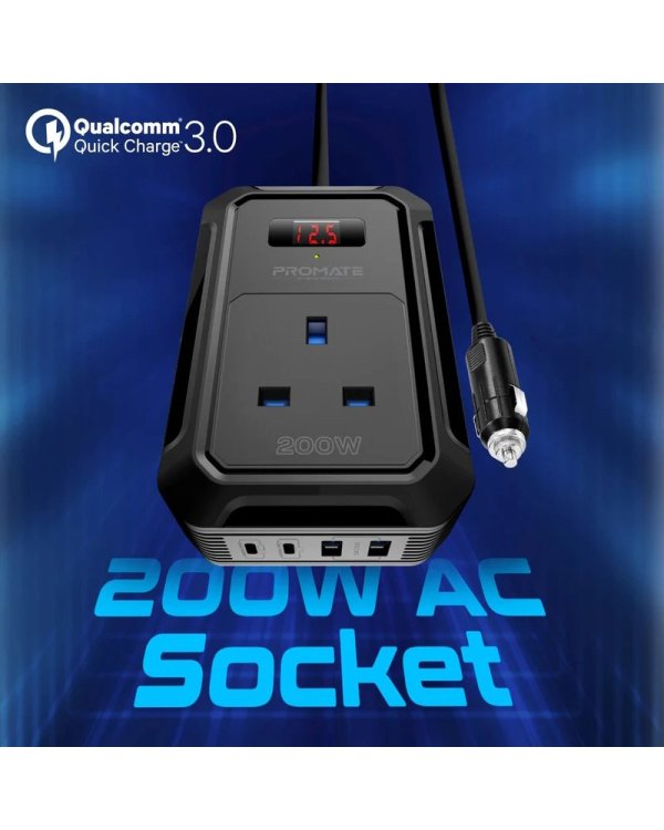 Promate Inverto-200W Автомобильный инвертор DC-AC 11-17V 200W / USB-C PD65W
