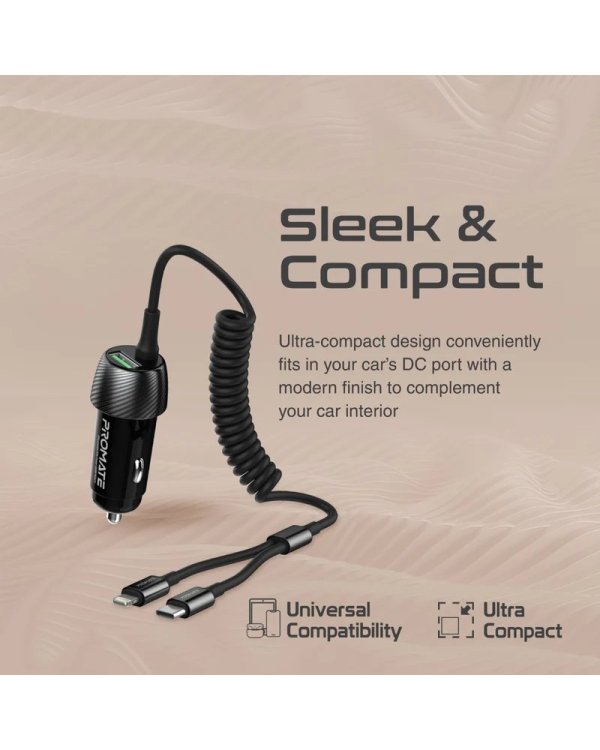 Promate PowerDrive-33PDCI Автомобильное зарядное устройство 33W / USB-C / Lightning