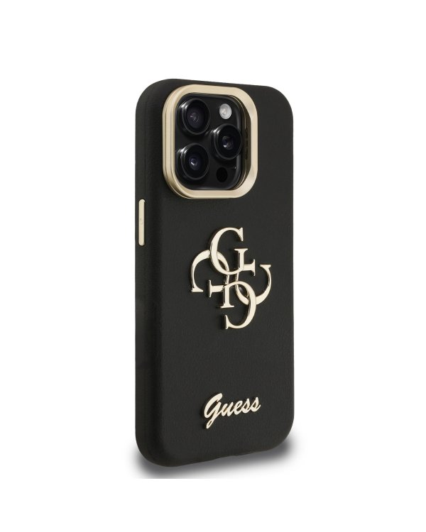 Guess PU Grained 4G Logo Stand Camera Frame Case Защитный чехол для iPhone 15 Pro Max / чёрный