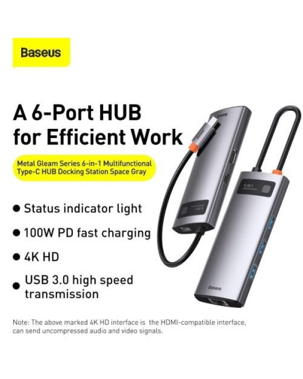 Baseus CAHUB-CW0G HUB Metal Gleam Series 6in1 Multifunctional Type-C to Type-C PD 100W / HDMI 4K-30 Hz / 3x USB 3.2 / RJ45