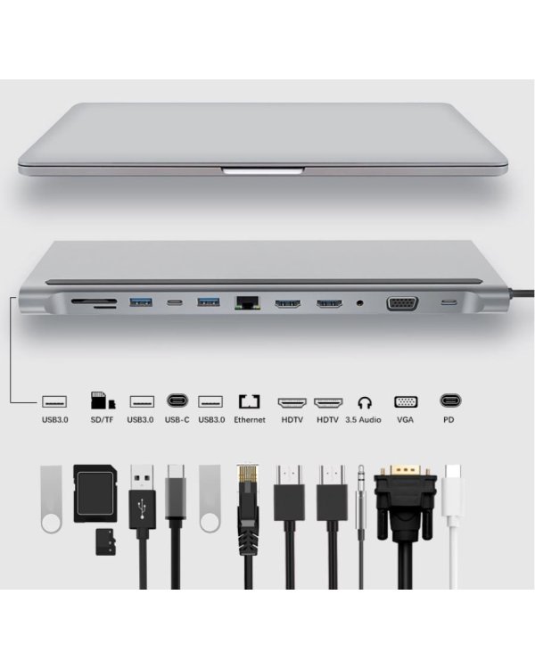 Mocco 12in1 Док станция для портативного компьютера / 2 x HDMI / 1 x USB 3.0 / USB-C / RJ45 / SD / Micro SD / VGA / PD / Audio / Серый