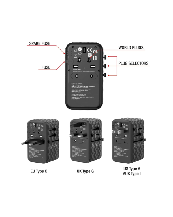 Verbatim GaN III Универсальный 2x USB-C Дорожный Адаптер 100W